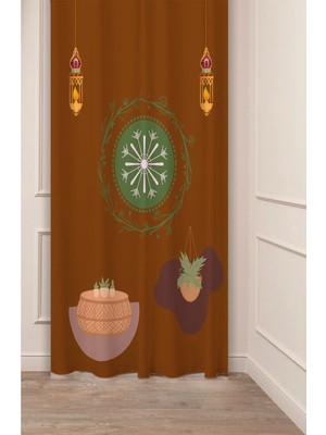 Greendecor Bohem Çiçek Geometrik Çizgi Lamba Desenli Özel Tasarım Dijital Baskılı (Tek Kanat) Modern Fon Perde