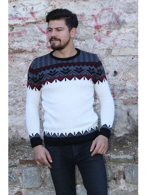 buğrahayalin Desenli Beyaz Kalın Kışlık Günlük Triko Kazak