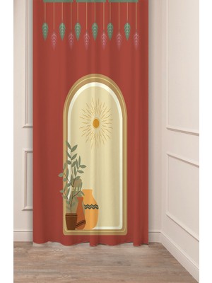 Greendecor Bohem Çiçek Yaprak Vazo Güneş Desenli Özel Tasarım Dijital Baskılı (Tek Kanat) Modern Şık Fon Perde