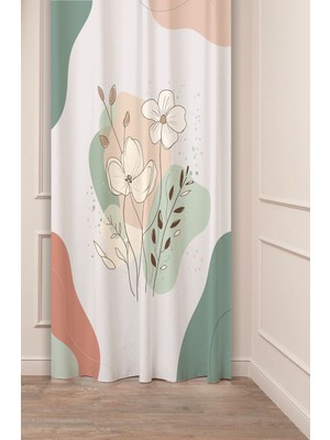 Greendecor Çiçek Yaprak Yeşil Bej Bohem Desenli Özel Tasarım Dijital Baskılı (Tek Kanat) Modern Şık Fon Perde