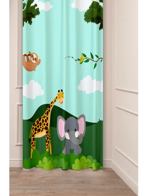 Greendecor Zürafa Fil Orman Ağaç Özel Tasarım Desenli Dijital Baskılı (Tek Kanat) Çocuk Odası Şık Fon Perde