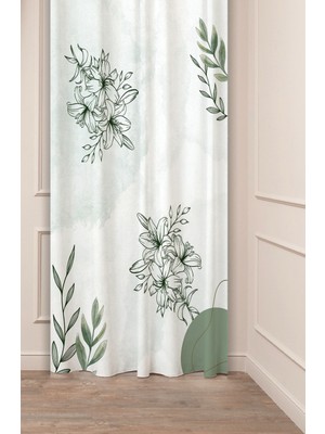 Greendecor Özel Tasarım Bohem Çiçek Yaprak Lily Yeşil Desenli Dijital Baskılı (Tek Kanat) Modern Şık Fon Perde