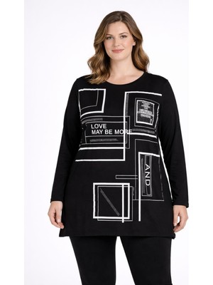 Şans Kadın Büyük Beden Siyah, Baskı ve Taş Detaylı, Yan Yırtmaç Bluz 65N39352