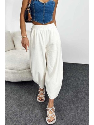 Nana & Mayka Moda Kadın Ekru Beyaz Şalvar Pantolon Salaş Dört Mevsim Rahat Pamuk Lastikli Bel Günlük Model Gabardin
