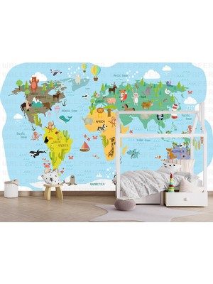 Dünya Haritası Çizgi Hayvanlar Poster Duvar Kağıdı