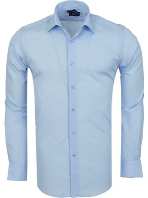 Erkek Açık Mavi %100 Pamuk Slim Fit Uzun Kollu Klasik Gömlek