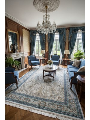 Halı Sepeti Enti Herat 2803 Mavi Klasik Salon Halısı Çerçeveli Göbekli Parlak Dokuma Lüks Vintage Halı