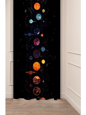 Greendecor Uzay Astronot Ay Gezegen Yıldız Bohem Deseneli Özel Tasarım Dijital Baskılı (Tek Kanat) Fon Perde