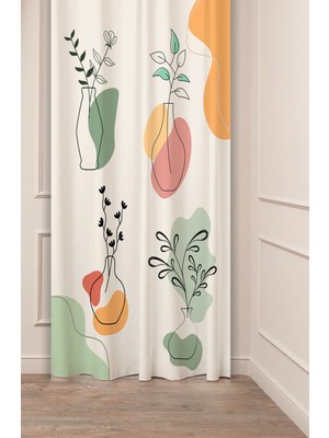 Greendecor Vazo Yaprak Soft Pastel Bohem Desenli Özel Tasarım Dijital Baskılı (Tek Kanat) Krem Bej Fon Perde