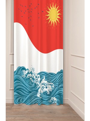 Greendecor Deniz Dalga Martı Kuş Güneş Bohem Desenli Özel Tasarım Dijital Baskılı (Tek Kanat) Modern Fon Perde