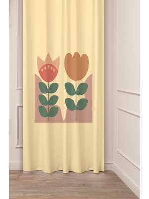 Greendecor Çiçekler Yaprak Çizgili Bohem Desenli Özel Tasarım Dijital Baskılı (Tek Kanat) Modern Şık Fon Perde