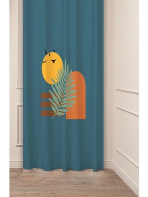 Greendecor Yaprak Kuş Minimalist Bohem Desenli Özel Tasarım Dijital Baskılı (Tek Kanat) Lacivert Şık Fon Perde