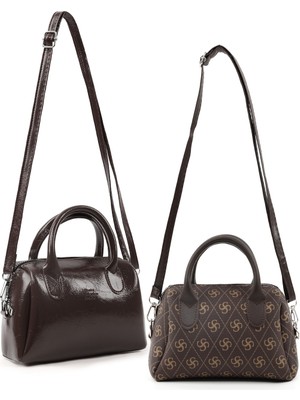 SHAKA Kırışık Dokulu Kahverengi/monogram Kahverengi SHK293 Suni Deri , 2'li El, Kol ve Omuz Çanta Seti (SHK184)