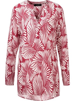 Şans Kadın Büyük Beden Kırmızı, Yan Yırtmaçlı Manşetli Uzun Kol, V Yaka Uzun Tunik 65N39100