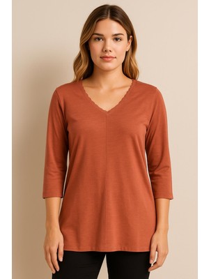 Şans Kadın Büyük Beden Gül Kurusu, Organik Koton, V Yaka Dantel Detaylı, 3/4 Kol Bluz 65N39264