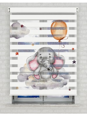 BRIGHTCOVER Gri Bulutlar ve Sevimli Fil Baskılı Zebra Perde - Gece Gündüz - Bebek Odası Perdesi | Kokusuz Mürekkeple Basılmış  Zebra Perdeler ile Sende Tarzını Yansıt! | 1 Dakikada Pratik Montaj