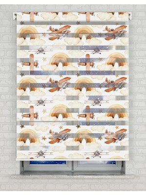 BRIGHTCOVER Gökkuşağı ve Uçaklar Suluboya Baskılı Zebra Perde - Gece Gündüz - Bebek Odası Perdesi | Kokusuz Mürekkeple Basılmış  Zebra Perdeler ile Sende Tarzını Yansıt! | 1 Dakikada Pratik Montaj