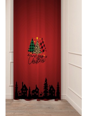 Greendecor Yılbaşı Çam Ağacı Noel Ağacı Kar Yeni Yıl Christmas Desenli Özel Tasarımlı Dijital Baskılı Fon Perde