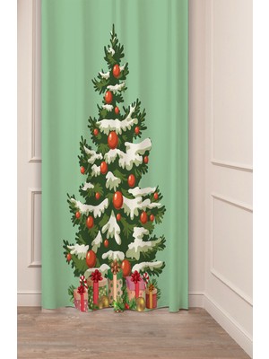 Greendecor Yılbaşı Çam Ağacı Noel Ağacı Kar Yeni Yıl Christmas Desenli Özel Tasarımlı Dijital Baskılı Fon Perde