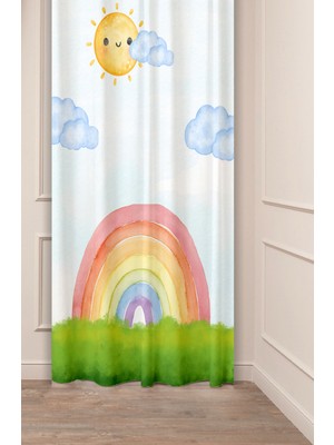 Greendecor Gökkuşağı Bulut Güneş Özel Tasarım Desenli Dijital Baskılı (Tek Kanat) Çocuk Odası Şık Fon Perde