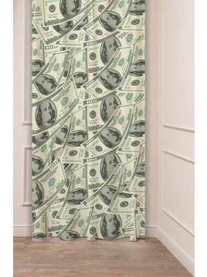 Greendecor Dolar Para Zenginlik Bolluk Altın Desenli Özel Tasarım Dijital Baskılı (Tek Kanat) Modern Fon Perde