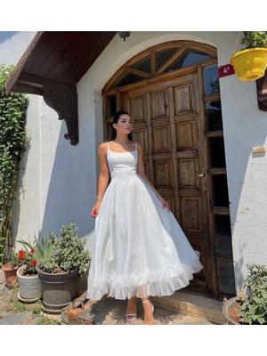 Quadre Etek Ucu Tüllü Ip Askılı Midi Boy Elbise