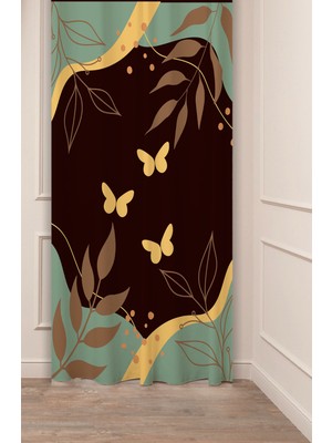 Greendecor Bohem Yaprak Kelebek Altın Desenli Özel Tasarım Dijital Baskılı (Tek Kanat) Şık Modern Fon Perde
