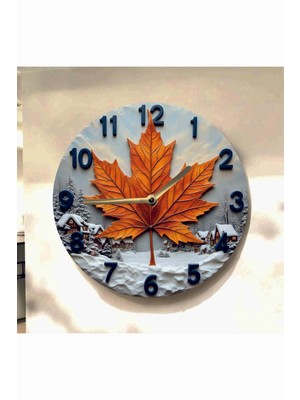 AA Shop Yaprak Bitki Kış Renkli Baskı Desenli Sayılı Hediyelik Ahşap Sessiz Tablo Duvar Saati 669