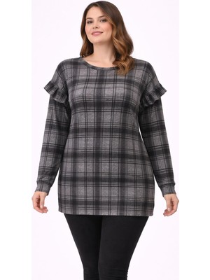 Şans Kadın Büyük Beden Gri, Ekose Desen, Fırfır Detaylı Yün Viskon Tunik 65N39304