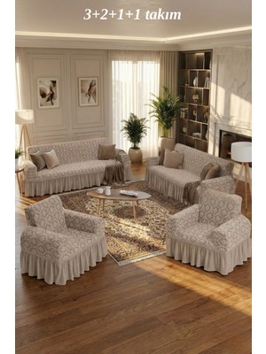 KUTLALE Jakarlı 3+2+1+1 Osmanlı Desen Koltuk, Kanepe, Çekyat Örtüsü, Etekli, Streç, Esnek, Lastikli, Koltuk Kılıfı 3211 Takımı