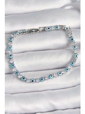 Inure Jewelry Pirinç Gümüş Renk Su Yolu Zirkon Taşlı Nazar Boncuklu Kadın Bileklik