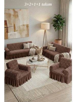 KUTLALE Jakarlı 3+2+1+1 Osmanlı Desen Koltuk, Kanepe, Çekyat Örtüsü, Etekli, Streç, Esnek, Lastikli, Koltuk Kılıfı 3211 Takımı
