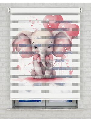 BRIGHTCOVER Pembe Kalpler ve Fil Baskılı Zebra Perde - Gece Gündüz - Bebek Odası Perdesi, Kız Çocuk Odası Perde | Kokusuz Mürekkeple Basılmış  Zebra Perdeler ile Sende Tarzını Yansıt! | 1 Dakikada Pratik Montaj