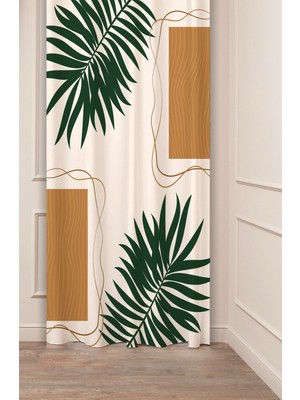 Greendecor Yaprak Bohem Desenli Dijital Baskılı Fon Perde (Tek Kanat) Modern Tasarımlı Bej Soft Renk Fon Perde