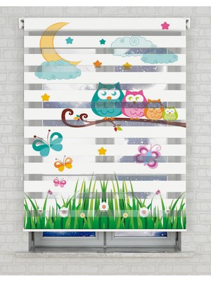 BRIGHTCOVER Baykuşlar ve Ay Vektör Baskılı Zebra Perde - Gece Gündüz - Bebek Odası Perdesi | Kokusuz Mürekkeple Basılmış  Zebra Perdeler ile Sende Tarzını Yansıt! | 1 Dakikada Pratik Montaj
