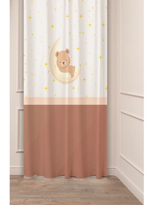 Greendecor Özel Tasarım Ayıcık Yıldız Ay Bej Desenli Dijital Baskılı (Tek Kanat) Çocuk Odası Modern Fon Perde