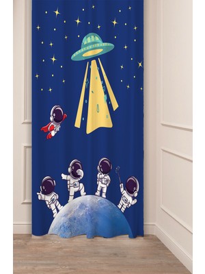 Greendecor Astronot Uzay Gezegen Ay Yıldız Özel Tasarım Dijital Baskılı (Tek Kanat) Modern Çocuk Oda Fon Perde