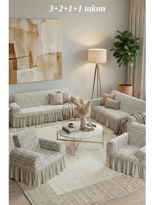 KUTLALE Jakarlı 3+2+1+1 Osmanlı Desen Koltuk, Kanepe, Çekyat Örtüsü, Etekli, Streç, Esnek, Lastikli, Koltuk Kılıfı 3211 Takımı