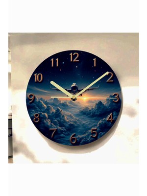 AA Shop Uçak Hava Renkli Baskı Desenli Sayılı Hediyelik Ahşap Sessiz Tablo Duvar Saati 643