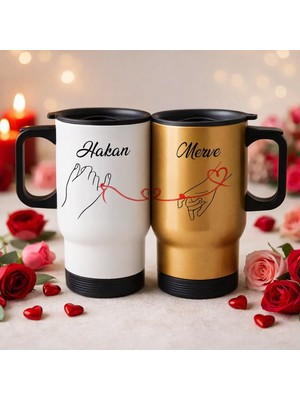 Bk Gift Kişiye Özel Sevgili Çift Tasarımlı 2’li Kulplu Beyaz&gold Çelik Termos Mug 450 ml -20, Sevgiliye Hediye, Sevgililer Günü Hediyesi
