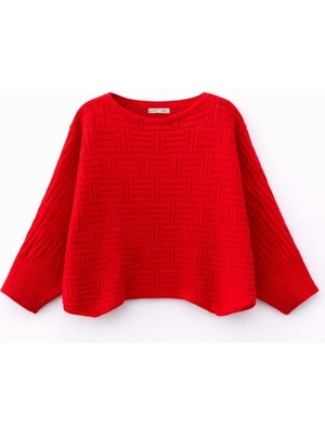 Mixray 7011 Kadın Asimetrik Dokulu Desenli Triko Kazak Kırmızı