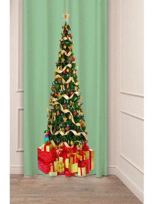 Greendecor Yılbaşı Çam Ağacı Noel Ağacı Kar Yeni Yıl Christmas Desenli Özel Tasarımlı Dijital Baskılı Fon Perde