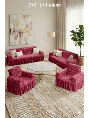 KUTLALE Jakarlı 3+2+1+1 Osmanlı Desen Koltuk, Kanepe, Çekyat Örtüsü, Etekli, Streç, Esnek, Lastikli, Koltuk Kılıfı 3211 Takımı