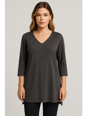 Şans Kadın Büyük Beden Füme, Organik Koton, V Yaka Dantel Detaylı, 3/4 Kol Bluz 65N39264