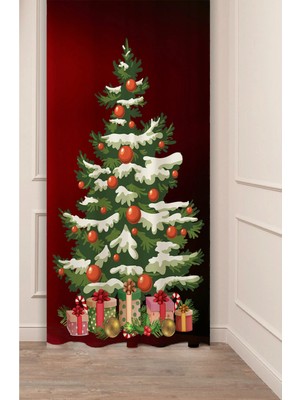 Greendecor Yılbaşı Çam Ağacı Noel Ağacı Kar Yeni Yıl Christmas Desenli Özel Tasarımlı Dijital Baskılı Fon Perde