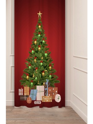 Greendecor Yılbaşı Çam Ağacı Noel Ağacı Kar Yeni Yıl Christmas Desenli Özel Tasarımlı Dijital Baskılı Fon Perde