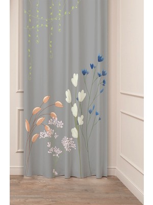 Greendecor Çiçek Yaprak Bohem Sade Soft Pastel Desenli Özel Tasarım Dijital Baskılı (Tek Kanat) Şık Fon Perde