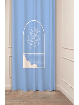 Greendecor Dalga Yaprak Bohem Sade Soft Desenli Özel Tasarım Dijital Baskılı (Tek Kanat) Mavi Beyaz Fon Perde
