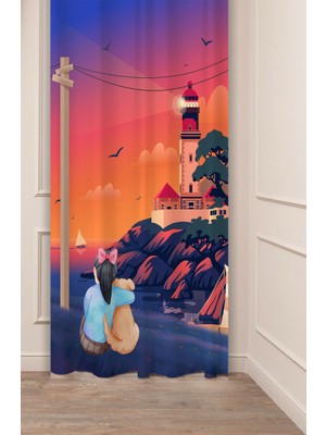 Greendecor Deniz Feneri Dostluk Özel Tasarım Desenli Dijital Baskılı (Tek Kanat) Çocuk Odası Modern Fon Perde
