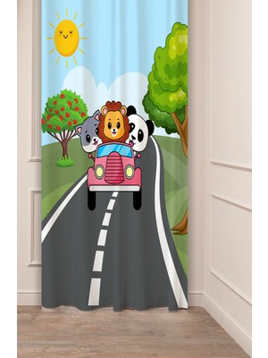 Greendecor Aslan Panda Kedi Yol Özel Tasarım Desenli Dijital Baskılı (Tek Kanat) Çocuk Odası Modern Fon Perde